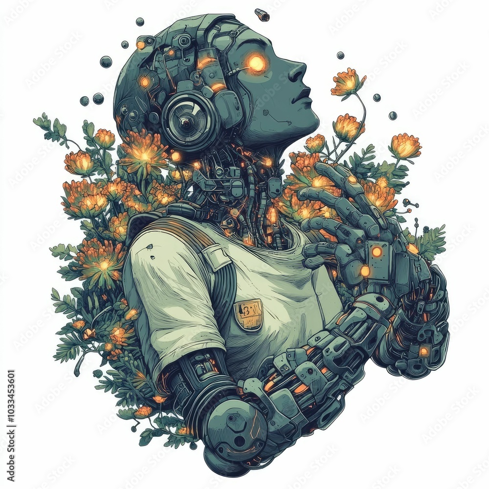 Poster conceptual of a biohacker with mechanical arms blending with bioluminescent flowers showcasing a fut
