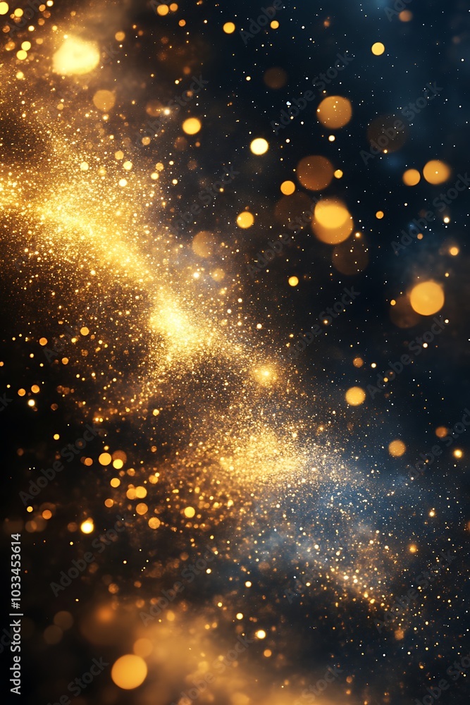Poster a mesmerizing blend of golden particles and sparkling lights against a dark background, evoking a se