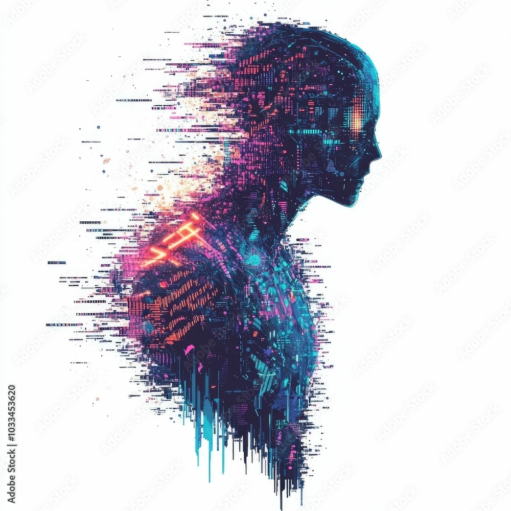 Poster chaotic figure dissolving into neon code and glitch elements abstract digital art with futuristic hi