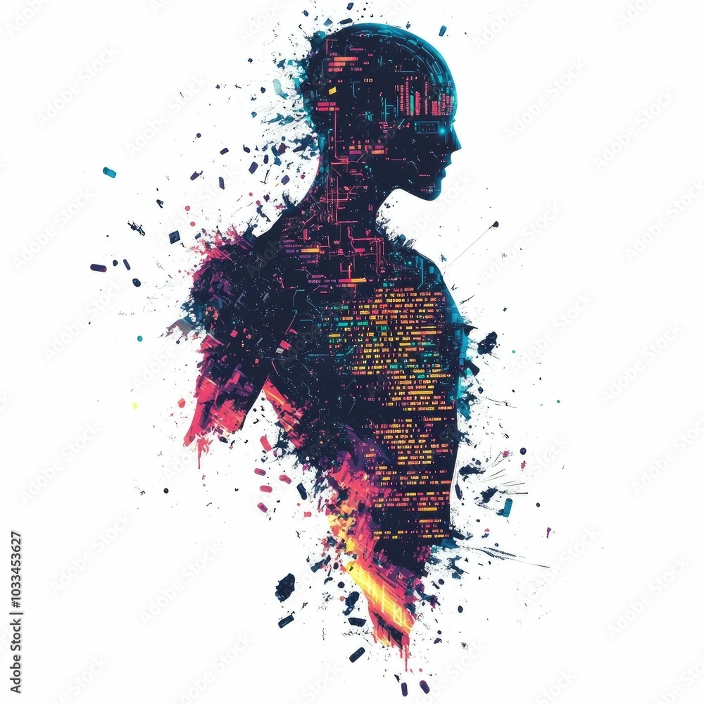 Poster a striking and futuristic of an abstract figure dissolving into a chaotic mix of computer code glitc