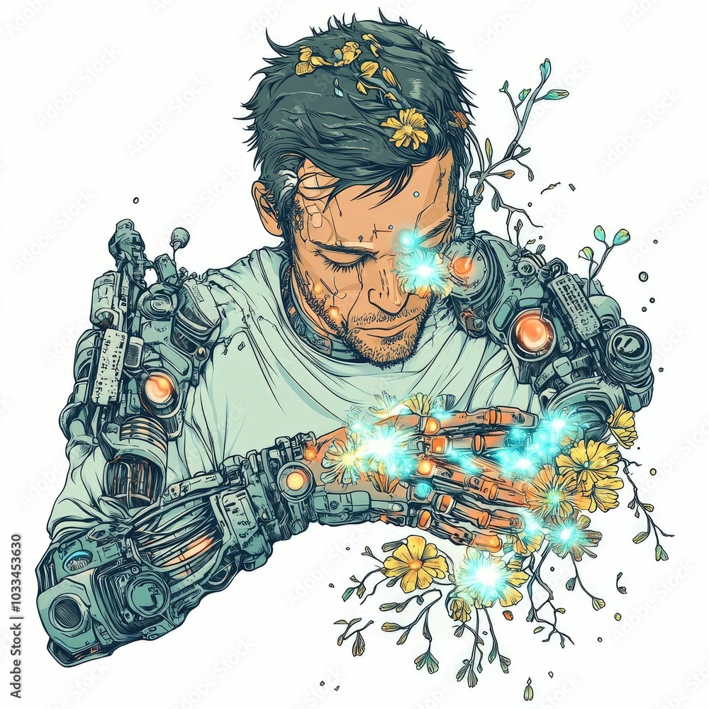 Aufkleber a biohacker with mechanical arms fusing with bioluminescent flowers in a striking biopunk style refl