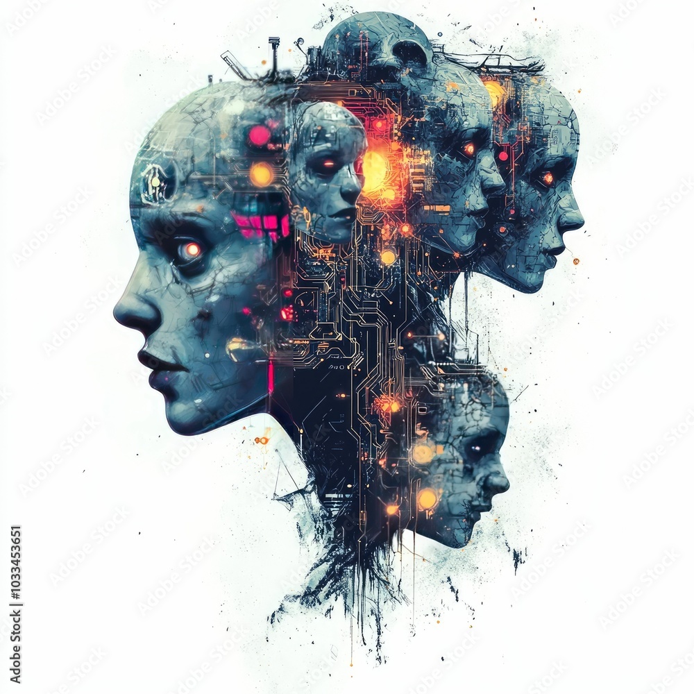 Poster surreal and abstract digital depicting a rogue collective with glitching interconnected faces surrou