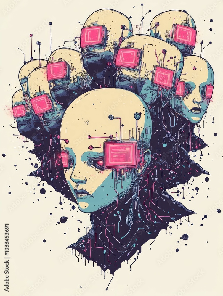 Poster a striking and conceptual digital depicting a collective of rogue entities with glitching neon heads