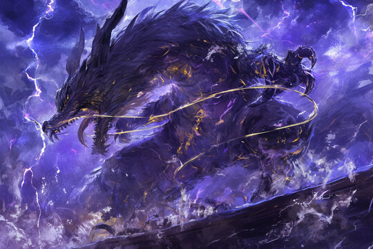 Monster Emerging in a Storm, Illuminated by Lightning &ndash; Bold Lines Capture the Raw Power of Nature Merging with the Energy of the Creature, Perfect for Fantasy Art and Story Inspiration