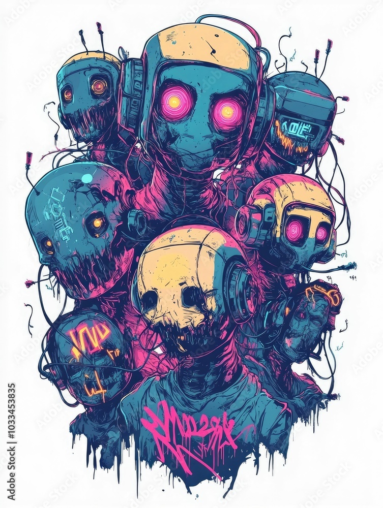 Poster a network of rogue entities with distorted glitching faces connected by neon wires and digital graff