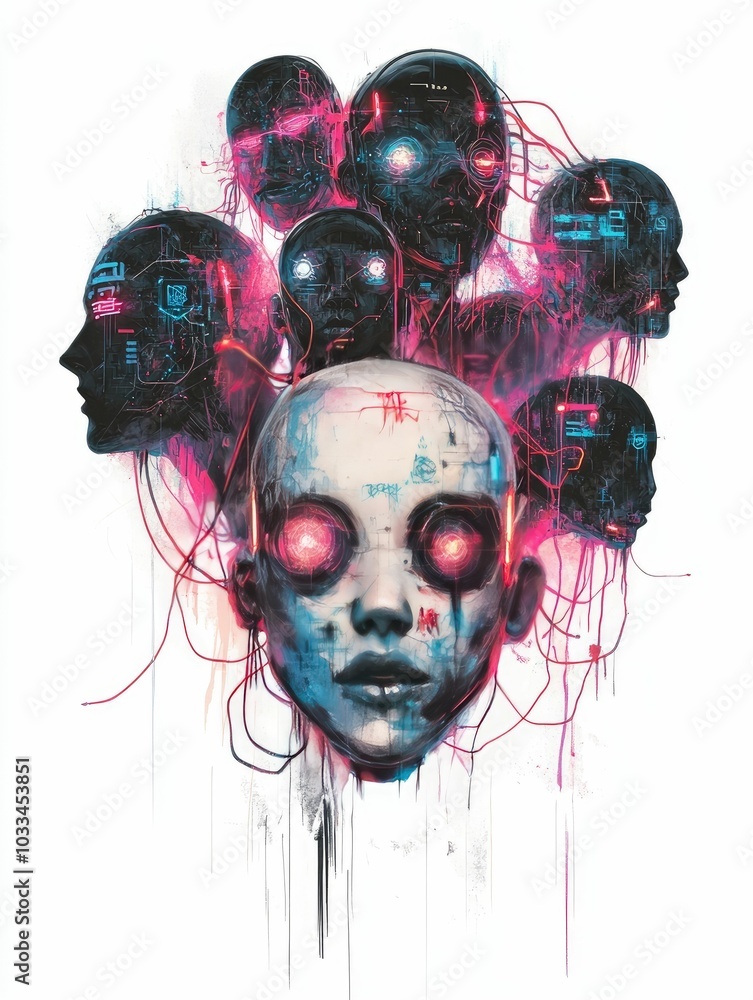 Poster a surreal and experimental digital depicting a network of distorted glitching faces connected by neo