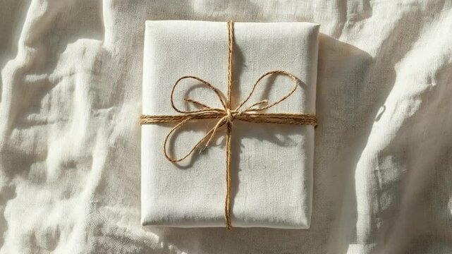 Minimalist Wrapped Gift Box on Soft Fabric Background