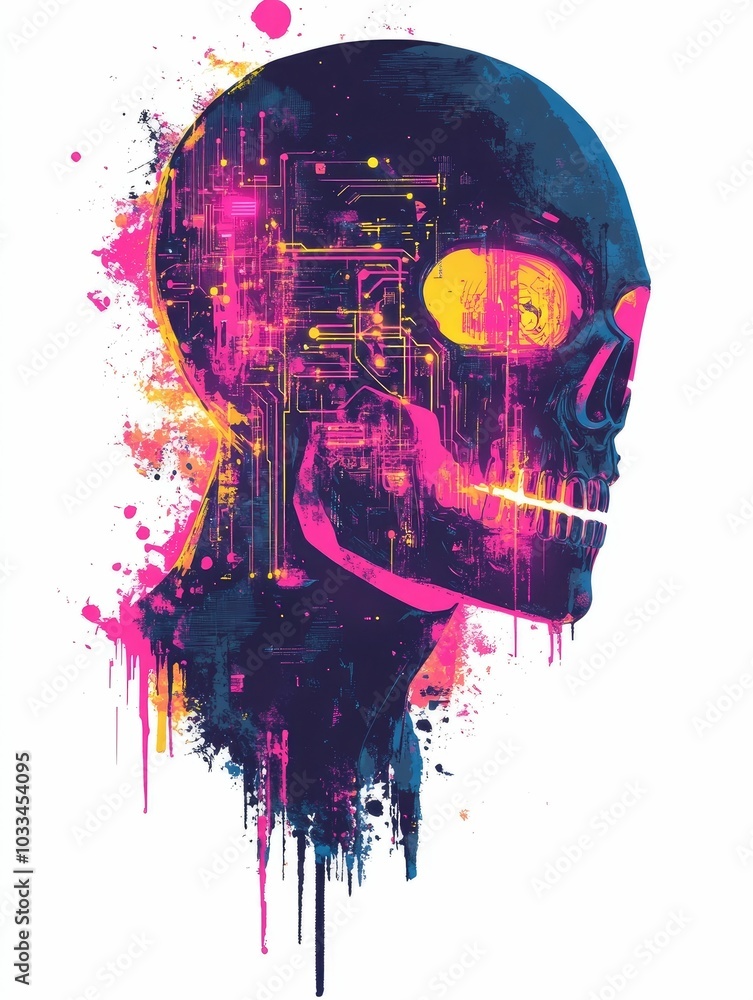 Aufkleber chaotic glitch art design featuring neon graffiti fragmented circuits and glitching digital elements