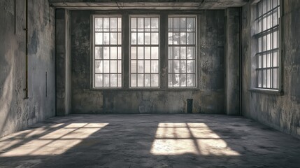 Abandoned industrial room with large windows, sunlight casting shadows on floor