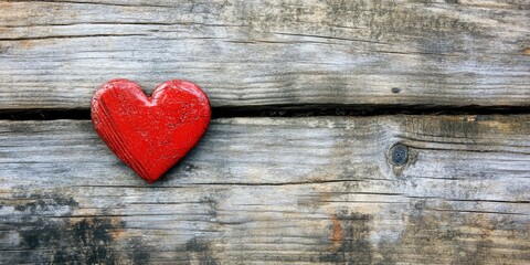 Fototapeta premium Red heart symbol on a wooden background, Valentine's Day theme.