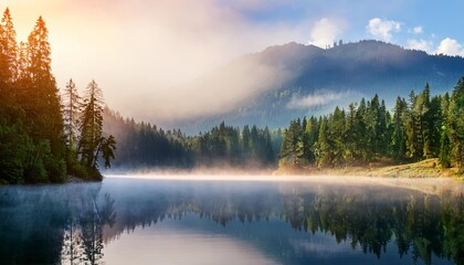 Majestic dawn breaking over mountain lake with fog covering forest © João Macedo