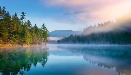 Fototapeta premium Fog covering a lake surrounded by forest at sunrise
