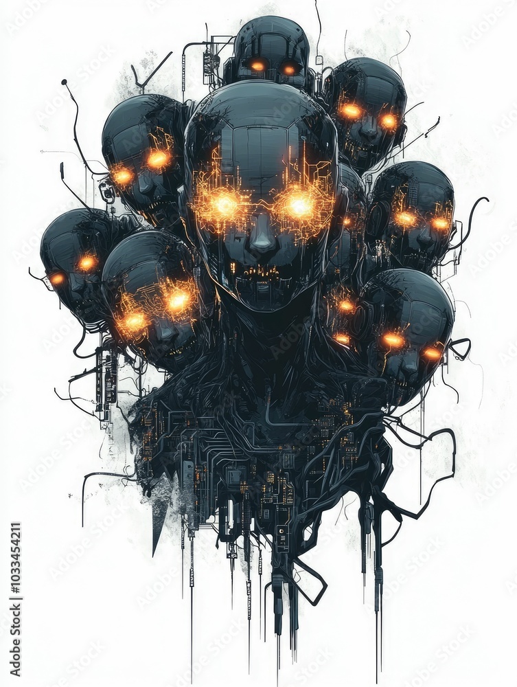 Poster futuristic of a rogue collective with glowing glitch like faces surrounded by chaotic digital graffi