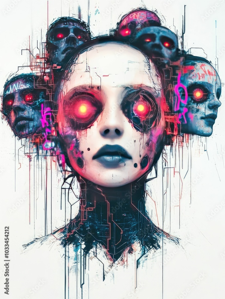 Poster digital surreal artwork depicting a rogue collective with distorted glitched faces interconnected by