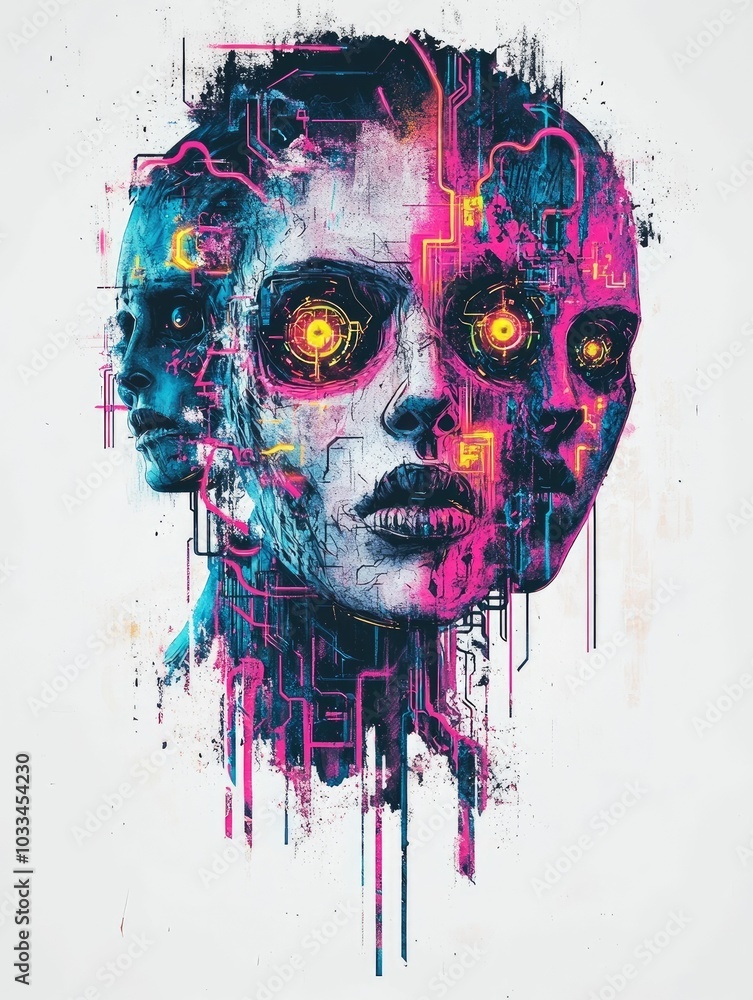 Poster a striking cyberpunk inspired depicting a rogue collective with distorted glitch infused faces inter