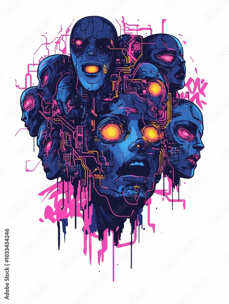 Poster an abstract and surreal depicting a rogue collective with distorted glitch affected faces interconne