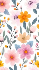 A vibrant floral pattern featuring various colorful flowers and lush greenery, perfect for spring and nature-themed designs.