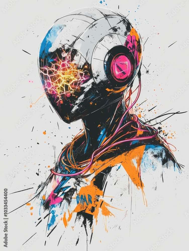 Aufkleber fragmented rogue with glitch effects and neon digital graffiti interconnected by chaotic wires and a