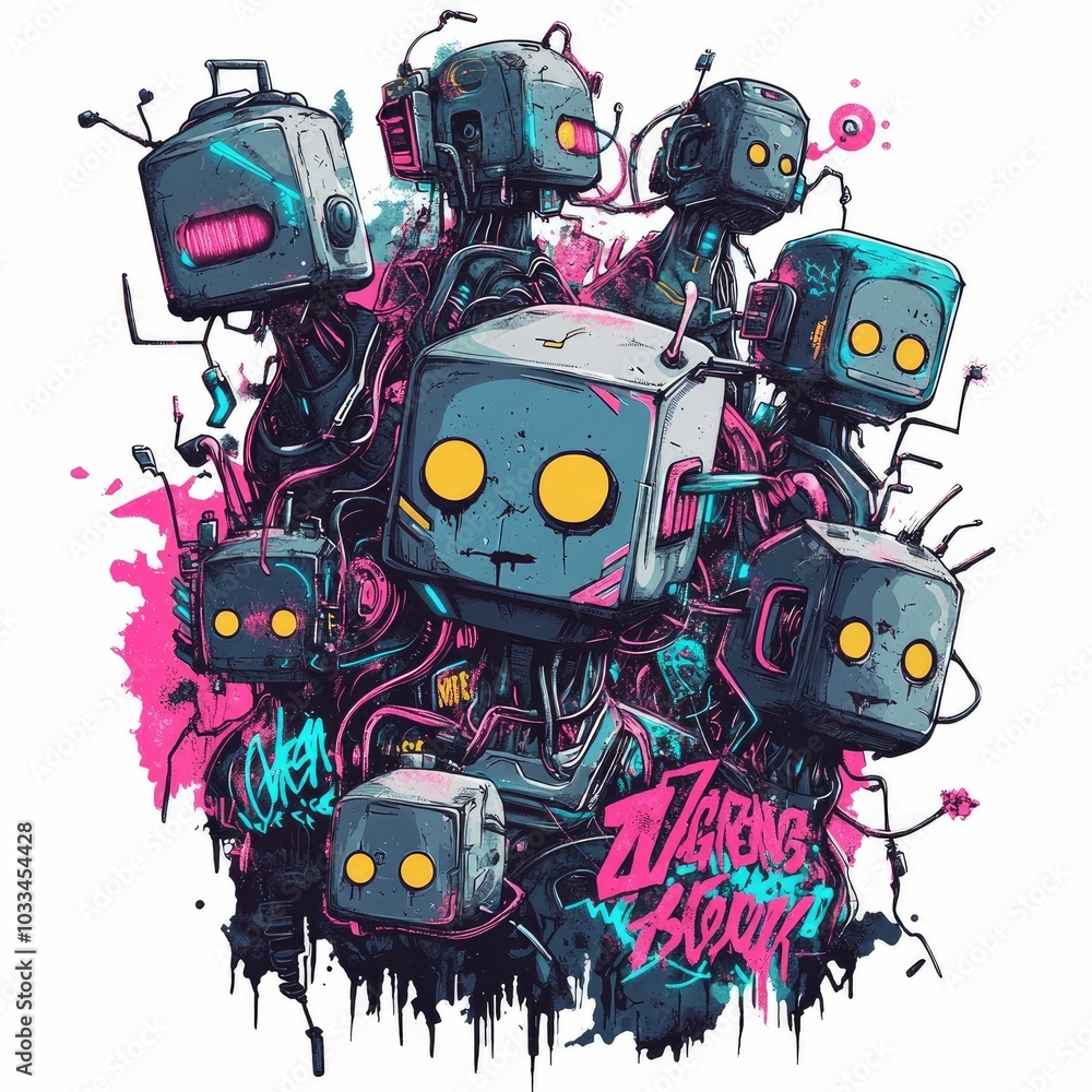 Poster rogue network with glitching neon faces in chaotic design a surreal and experimental t shirt graphic