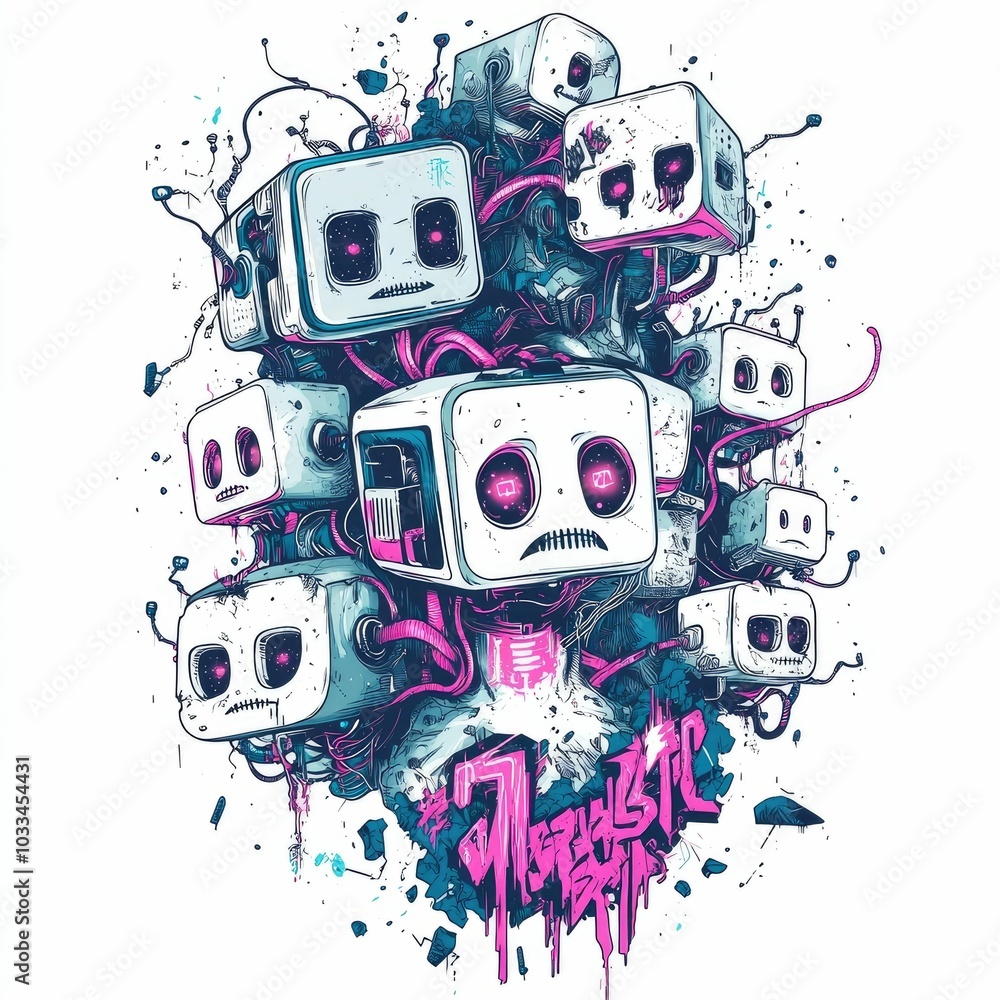 Aufkleber a chaotic and interconnected design showcasing a network of rogue entities with glitching faces vibr