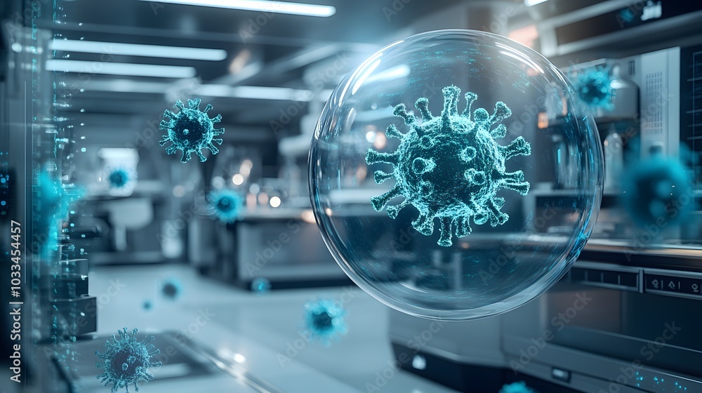Poster a virus encapsulated in a sphere within a modern laboratory