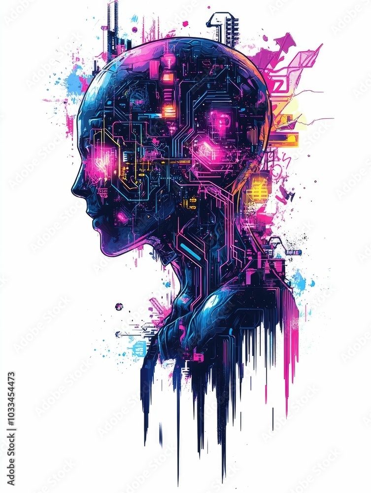 Poster a rogue collective glitching out of control surrounded by chaotic circuits and neon graffiti element