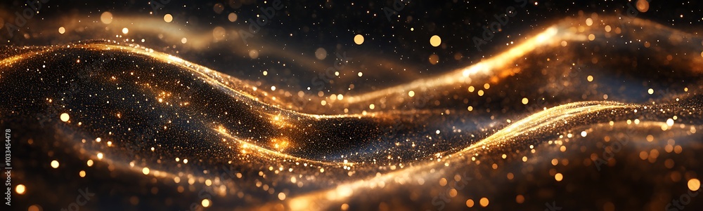 Poster a mesmerizing golden wave of light and shimmering particles against a dark background, creating a se