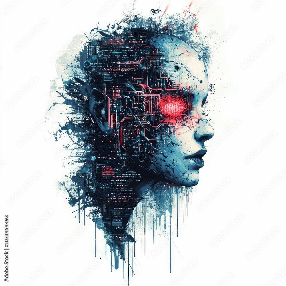 Aufkleber a disruptive digital art piece depicting an face dissolving into a chaotic composition of circuit pa