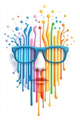 A vibrant fusion of colors and creativity, this artistic representation features a face adorned with glasses and colorful splashes.
