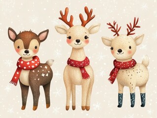 Obraz premium Adorable plush reindeer toys in a flat design perfect for festive Christmas nursery decor These cute furry characters add a whimsical cozy touch to any holiday themed room or child s space