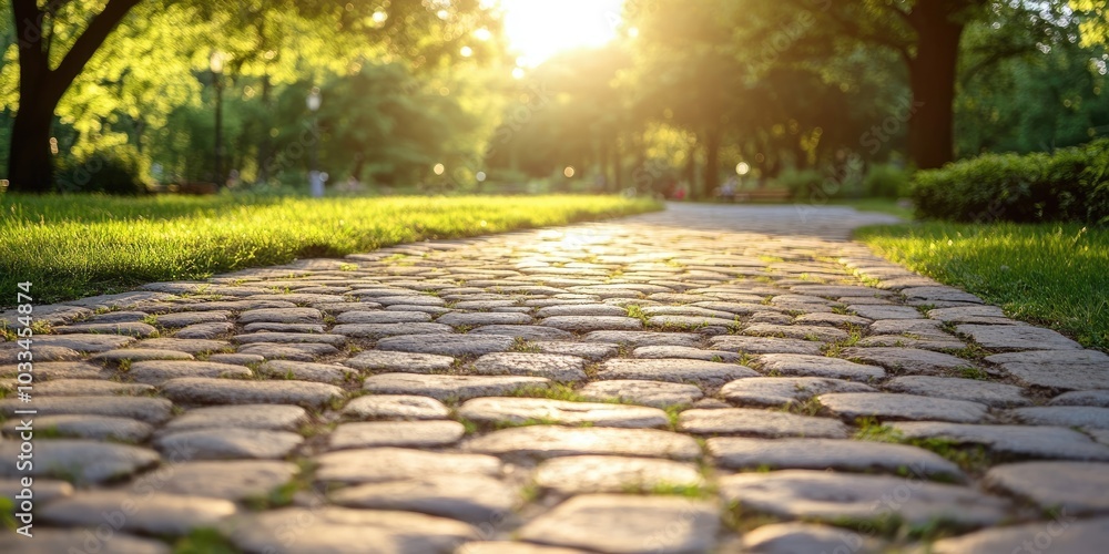 Poster cobblestone walkway in the park with some green grass nearby. empty copy space for editor's text. su