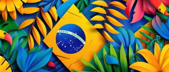 Brazil banner design featuring the Brazilian flag with geometric shapes, on a background that incorporates tropical motifs, palm leaves and flowers in the flag's colors.