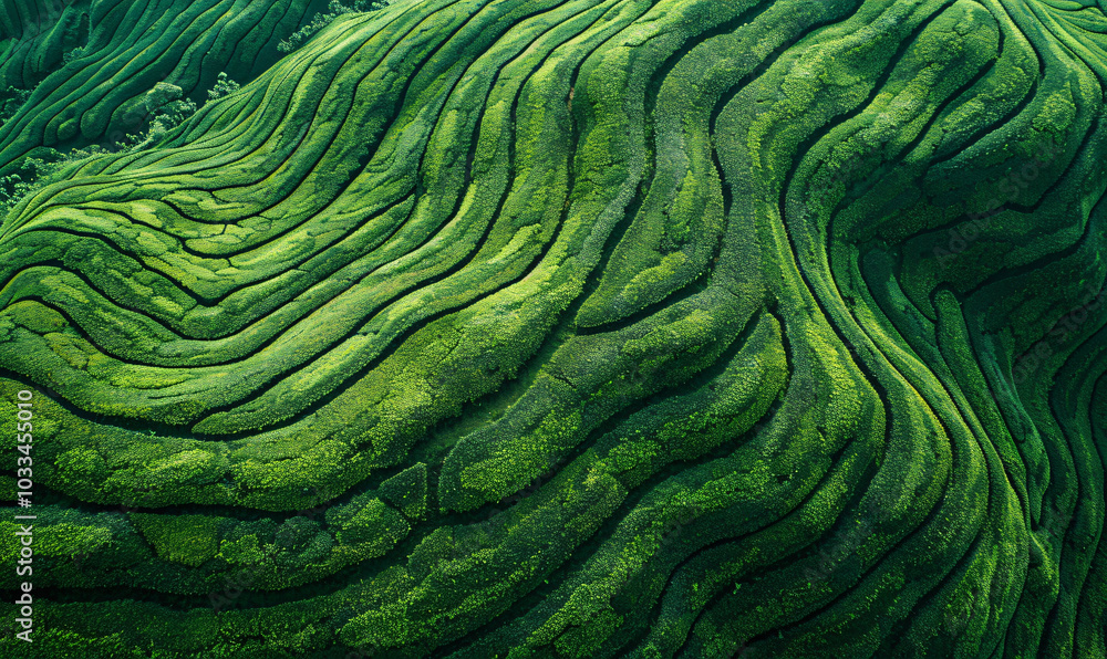 Poster aerial view of a tea plantation with a pattern in the shape of lines and circles on a green field ba