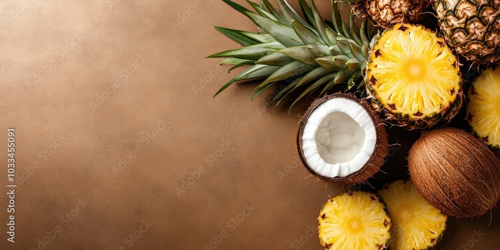 Poster tropical fruits, including coconuts and pineapple, are arranged on a craft brown background. this cr