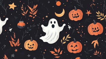 Halloween Pattern with Pumpkins, Ghosts, and Stars