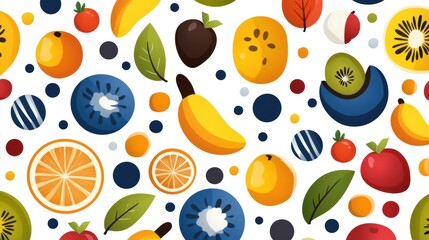 A vibrant pattern of assorted fruits and leaves on a white background, perfect for design, food, or health-related themes.