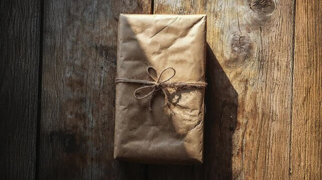 Rustic Gift Wrapped in Brown Paper and Twine on Wooden Table