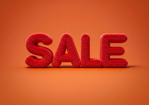 Bright red fuzzy letters spelling sale on a warm orange background, perfect for advertising discounts or special promotions