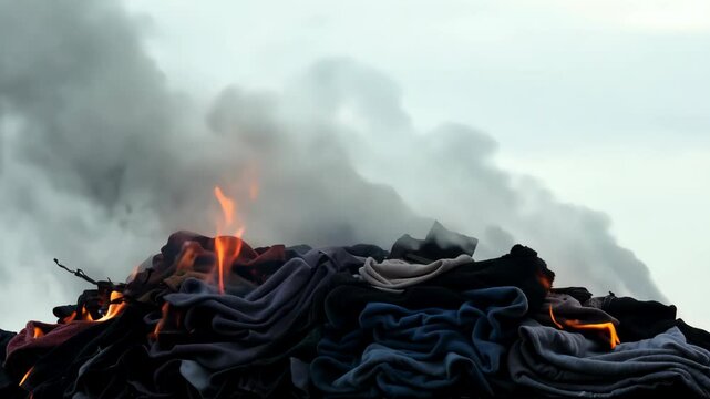 Large pile of clothing burns in an open field as thick smoke rises into the sky during a late afternoon