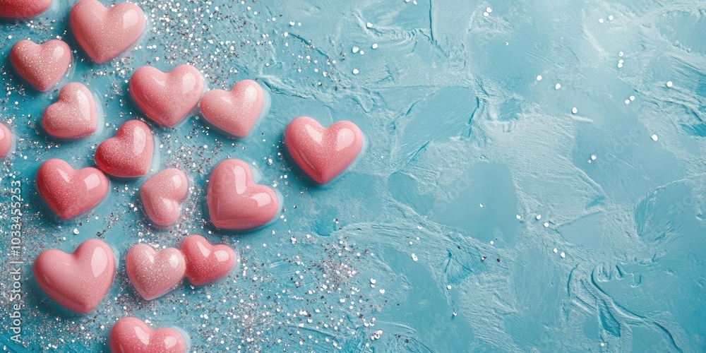 Poster valentine's day pattern background flat lay with pink hearts on a sparkling classic blue backdrop fe