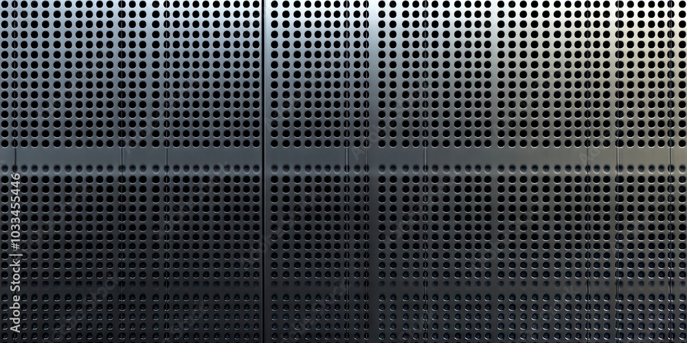 Poster background pattern featuring a horizontal texture of metallic gray perforated grid with copyspace fo