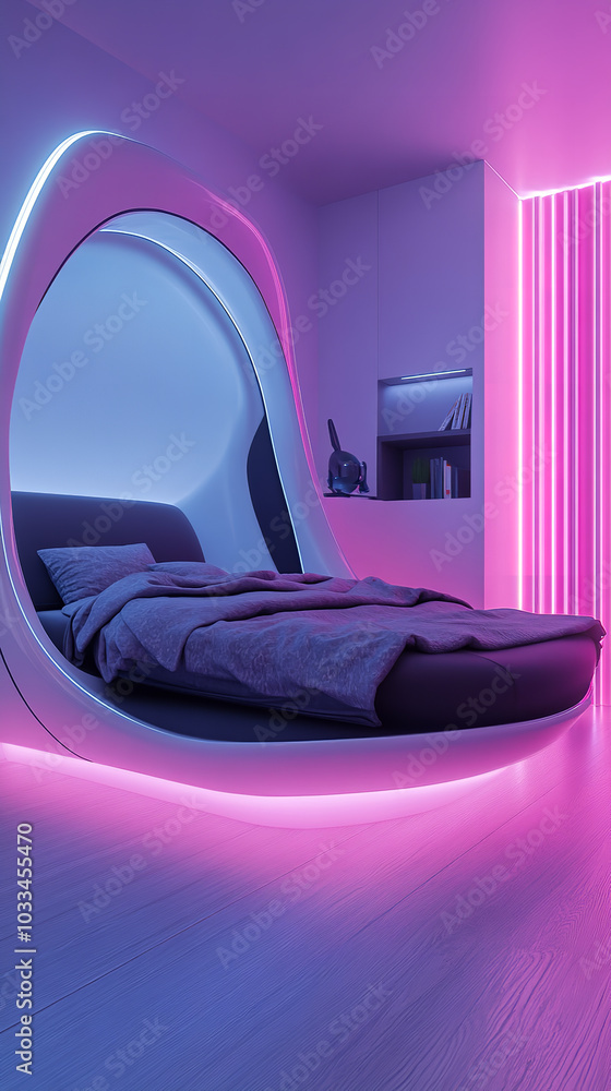 Wall mural Futuristic High-Tech Bedroom with Sleek Design and Integrated Tech  