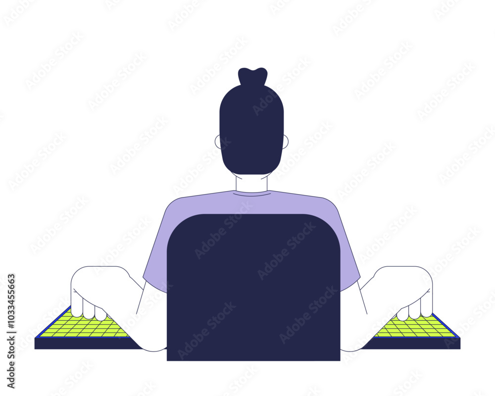 Poster back view man typing computer keyboard 2d cartoon character. caucasian male programmer coding, corpo