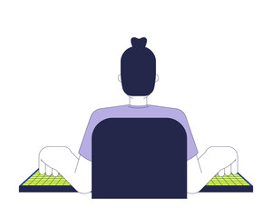 Back view man typing computer keyboard 2D cartoon character. Caucasian male programmer coding, corporate engineer isolated person flat vector on white background. Spot illustration colorful