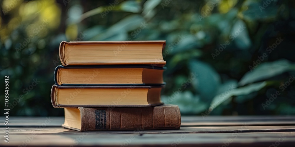 Poster Arrangement of hardback books with fanned pages on a wooden deck table in the background. Stacked books. Back to school. Copy Space. Educational background.