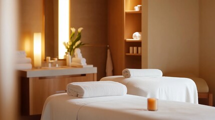 Fototapeta premium Relaxing spa interior with massage tables and ambient lighting in a tranquil setting