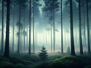 Obraz premium fog in the forest ,Forest landscape with coniferous trees and fog. Vector illustration. 