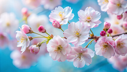 Obraz premium Delicate pink and white cherry blossoms bloom against soft blue background, creating serene and tranquil atmosphere. petals unfurl beautifully, symbolizing renewal and beauty of nature