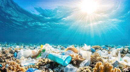A vibrant underwater scene showcasing marine pollution, featuring plastic waste amid colorful coral reefs and sunlight filtering through.