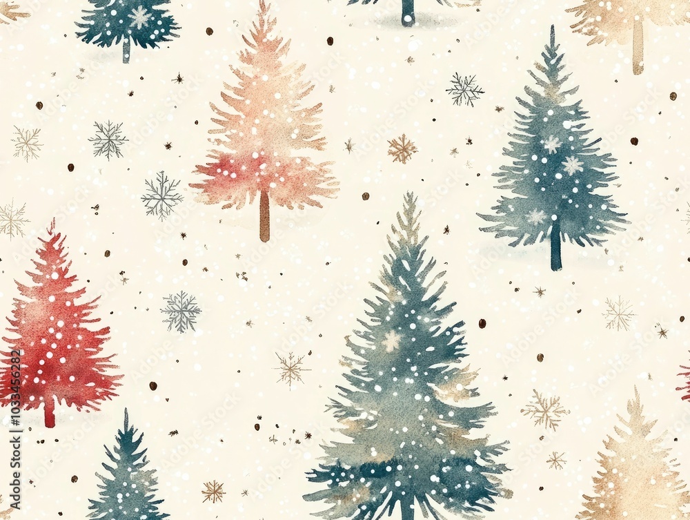 Poster delicate watercolor christmas trees with subtle snowflakes floating on a soft pastel background crea